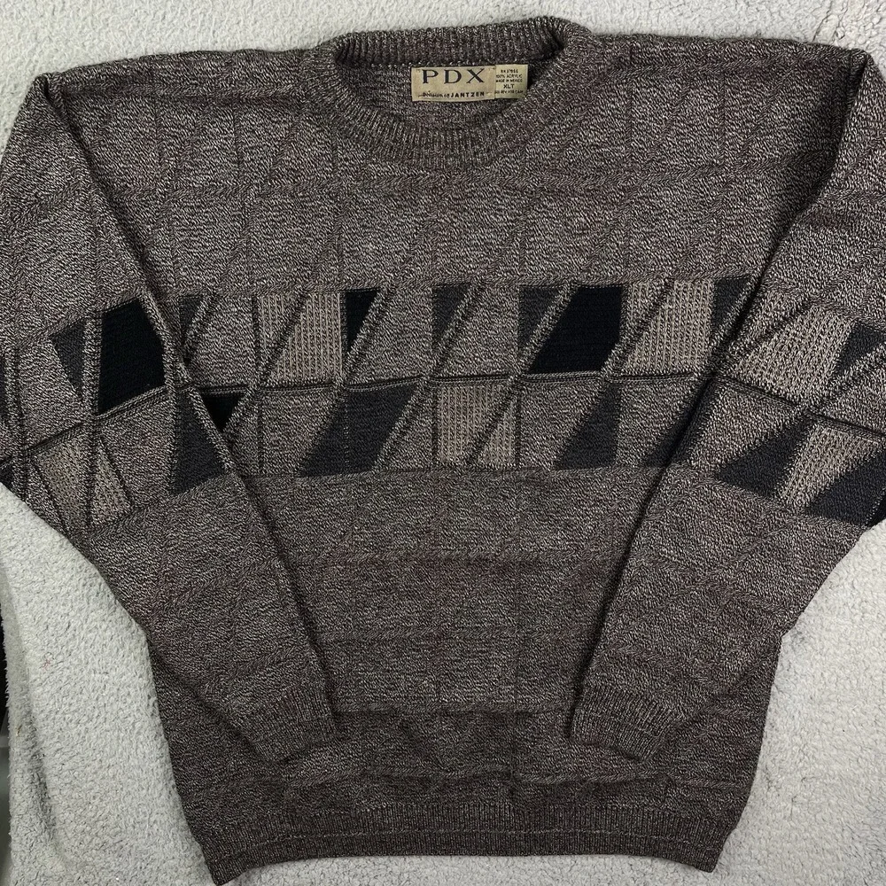 Vtg 90s PDX Jantzen Gray Knit Sweater Triangle Geometric Pullover Grandpa XLT‎
